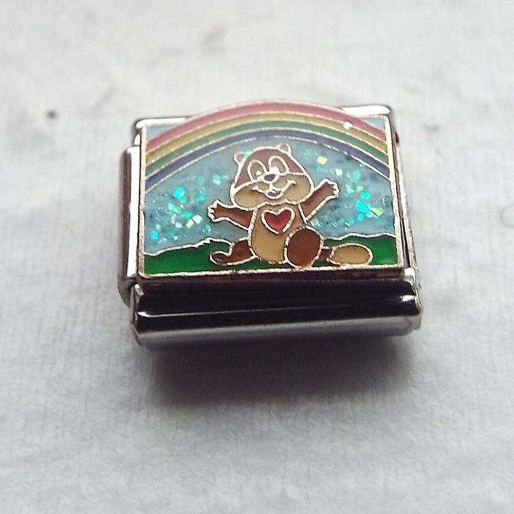 Enamel squirrel and a rainbow 9mm stainless steel italian charm bracelet link